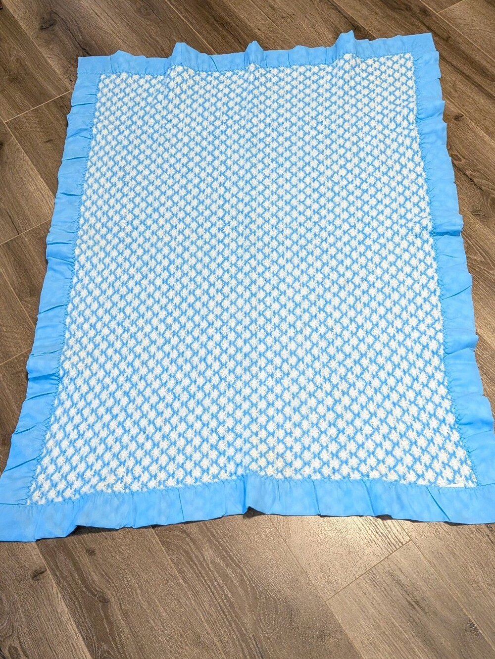 Blue and White Satin Edge Baby Blanket. Vintage. Waffle Weave. 46x36 Inches. GUC